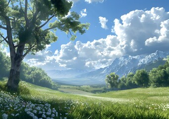 Fototapeta premium A beautiful landscape of green valley and mountains