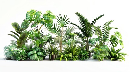 Lush green tropical house plants in a white background. Perfect for botanical, gardening, and interior decor projects.