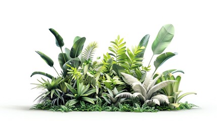 Lush assortment of tropical plants with vivid green leaves, isolated on a white background, perfect for nature-themed designs.