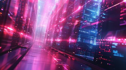 High-angle view of a glossy, advanced AI server room in processing mode, sleek cables and blinking lights, digital CG 3D, ultra-modern tech aesthetic