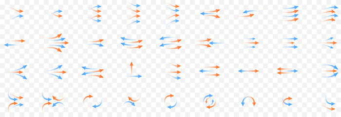 Vector set of arrows png. Heat and cold arrows png. Heat and cold flow. Red and blue arrows on an isolated transparent background.