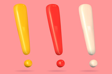 3d white, red, yellow exclamation mark set isolated on color background. Alert or error sign 3d vector render. Exclamation icon mark set