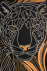 Vector illustration of a jaguar. Black and white linear image of a jaguar's face on a dark background.