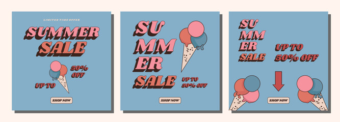 Naklejka premium Summer sale retro banner set. Discount up to 50%. Summer trendy design for advertisement, invitation, flyer, poster, web banner.