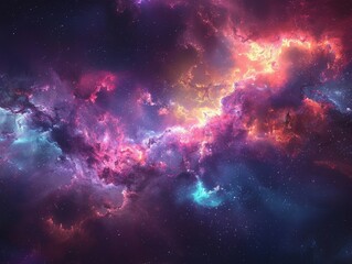 Fototapeta premium A stunning nebula with vibrant hues of pink, purple, blue, and orange, showcasing a spectacular blend of gas and dust clouds illuminated by starlight, creating a captivating cosmic landscape.
