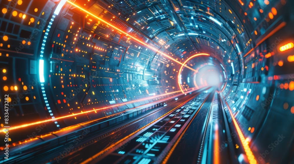 Poster low-angle perspective of a high-tech tunnel, luminous circuit patterns, pulsating with electricity, 