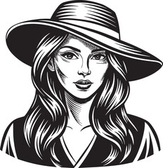 Cute girl with hat black and white illustration