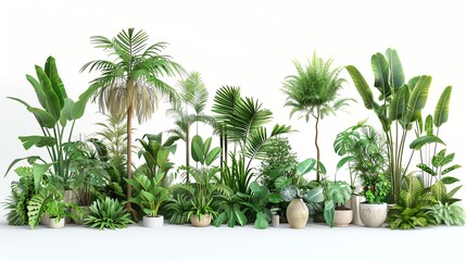 Obraz premium A variety of indoor houseplants and potted greenery arranged on a white background, showcasing lush tropical plants and foliage.