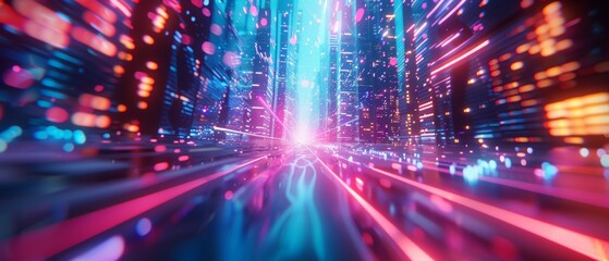 Low-angle shot of futuristic urban intersection, glowing holographic billboards, vibrant hues of electric blue and magenta, CG 3D rendering, dynamic and high-tech vibe