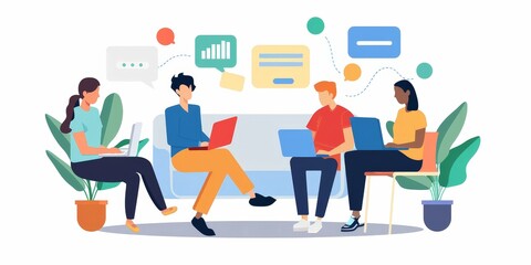 Obraz premium A group of people sitting on chairs and working on their laptops.