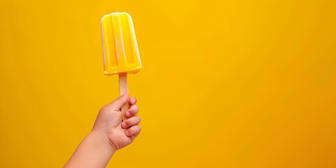 A hand holding a yellow popsicle against a yellow background.