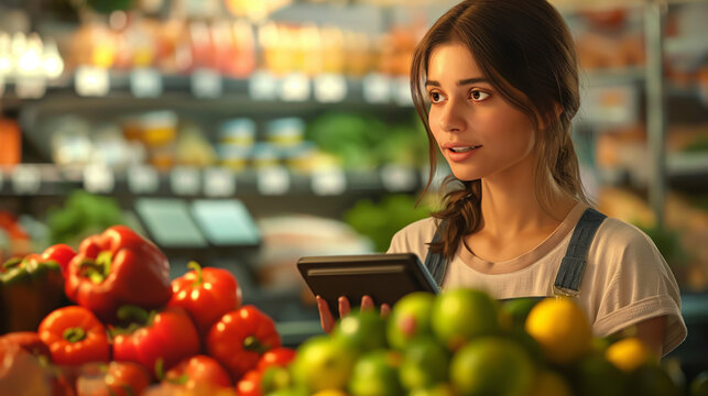 Assistant
Young woman in supermarket using digital tablet to check the quality of fruits and vegetables. - Powered by Adobe