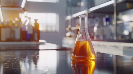 Beaker containing a vital formula in a lab setting, representing research and innovation. Ideal for illustrating scientific advancements and discoveries