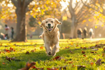 Joyful dog running in a sunlit park with a backdrop of trees and people.
