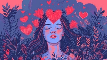 Fashion illustration of a woman with flowing hair styled in a heart shape  depicts love and beauty