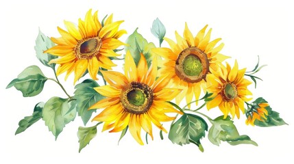 Beautiful watercolor illustration of yellow sunflowers, highlighting the delicate and vibrant nature of the flowers. Great for botanical and nature-themed artwork