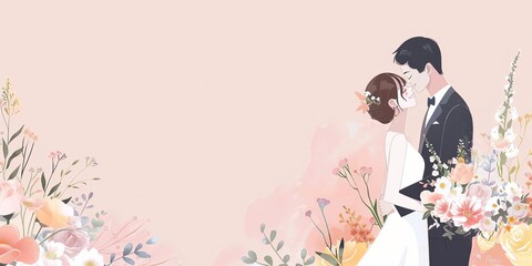 A watercolor illustration of a bride and groom standing together