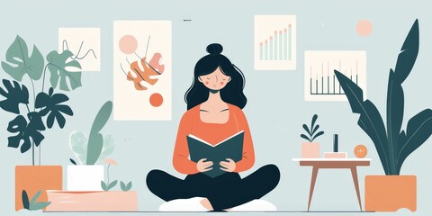 Fototapeta premium A young woman is sitting on the floor in a comfortable position, reading a book