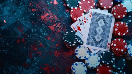Casino gaming flat lay with cards and chips on a table, highlighting the excitement of gambling. Ideal for illustrating casino and entertainment visuals