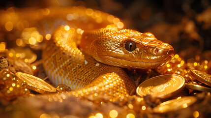 A radiant golden snake rests on a pile of glittering coins, symbolizing wealth and prosperity for the New Year 2025