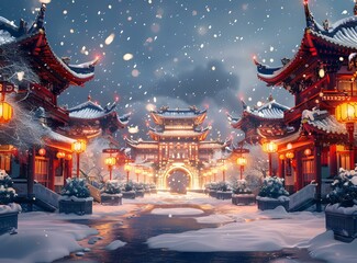 Fototapeta premium Ancient Chinese architecture in the snow