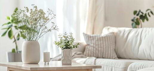 Bright living room interior with sofa, flowers in vase and big windows