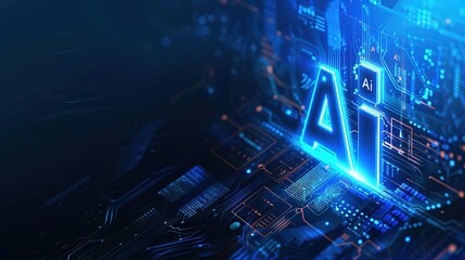 Blue AI text with digital and futuristic elements glowing in the dark, artificial intelligence banner technology, data science and innovation web internet cyber space.