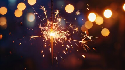 Close-up of a burning sparkler with a beautiful bokeh background, perfect for celebrations, parties, and festive occasions.