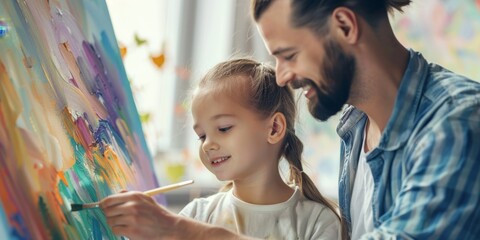 Father and daughter painting together in the studio