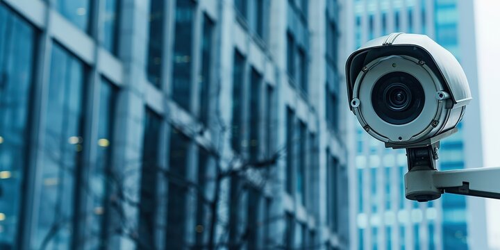 Security camera on a pole with modern buildings background, surv
