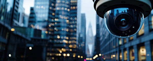 Security camera surveillance in urban setting with skyscrapers.