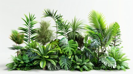 A vibrant arrangement of various tropical indoor plants with lush green foliage, perfect for home decoration or botanical displays.