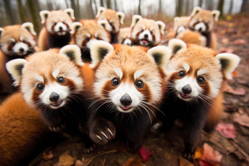 Fototapeta premium Group of Adorable Red Pandas Posing at Camera. A delightful group of curious red pandas with expressive faces in a forest setting.