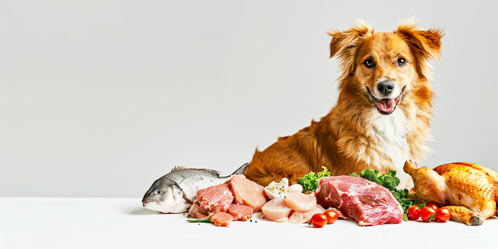 Happy dog with an array of fresh meats and fish, highlighting a nutritious and balanced diet for pets.