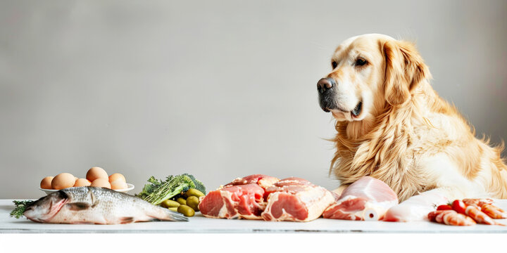 Happy dog with an array of fresh meats and fish, highlighting a nutritious and balanced diet for pets.