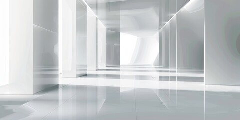 The image is of a long, empty hallway with white walls and a shiny floor. The hallway is lit by bright lights, and there are no doors or windows visible.