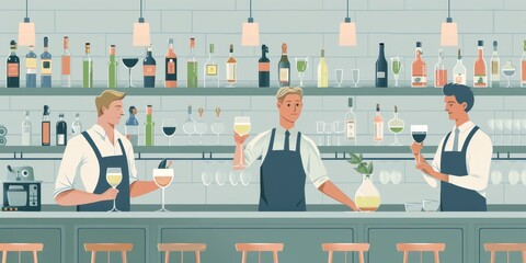 Three bartenders in uniform stand behind a bar counter.
