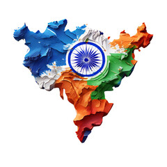 AI art presents a detailed map of India adorned with the vibrant colors of the Indian flag, symbolizing unity