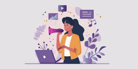 Fototapeta premium Woman with megaphone makes announcement online. Concept for online advertising, social media marketing, public relations. Vector illustration.