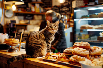 Cat sitting on a counter in a bakery surrounded by delicious pastries.