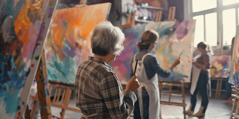 Obraz premium a woman is painting in an art studio, an art studio where seniors are painting on canvases. they are dressed in casual clothes and aprons, expressing their creativity through colors and brushstrokes