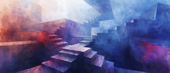 Tilted perspective capturing a complex, twisting maze, watercolor painting style, fluid brushstrokes, soft yet vivid hues, ethereal and dreamlike atmosphere