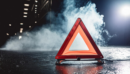 Red caution warning traffic sign with smoky dark background. Warning of accident on road.