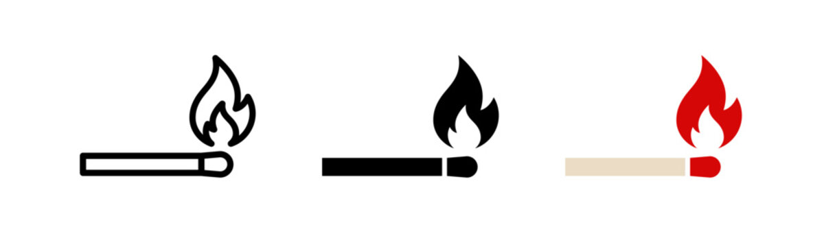 Match icon set. Matchstick burning illustration. Flammable symbol.