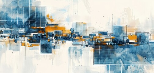 Watercolor painting of a high-tech solar field