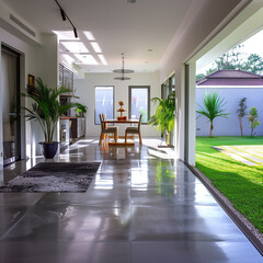 Fototapeta premium Modern minimalist dream home in Thailand. Open and airy with natural light and lush greenery creating a serene escape.