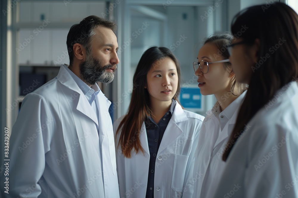 Poster scientists discussing in modern lab, diversity and teamwork conc