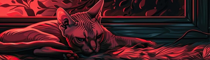 Obraz premium A digital artwork of a resting cat bathed in red light, creating a serene and mysterious atmosphere in a dimly lit room.