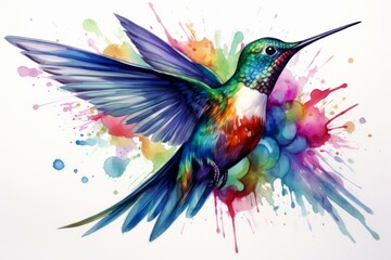 Striking illustration of a vibrant hummingbird amid dynamic watercolor splashes