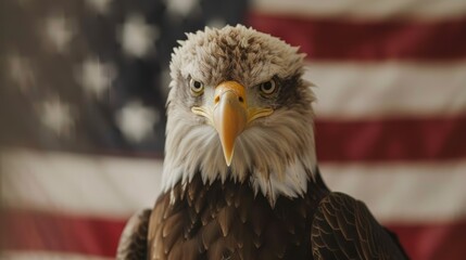 Naklejka premium Majestic bald eagle with focused stare stands in front of American flag backdrop, symbolizing strength and freedom.